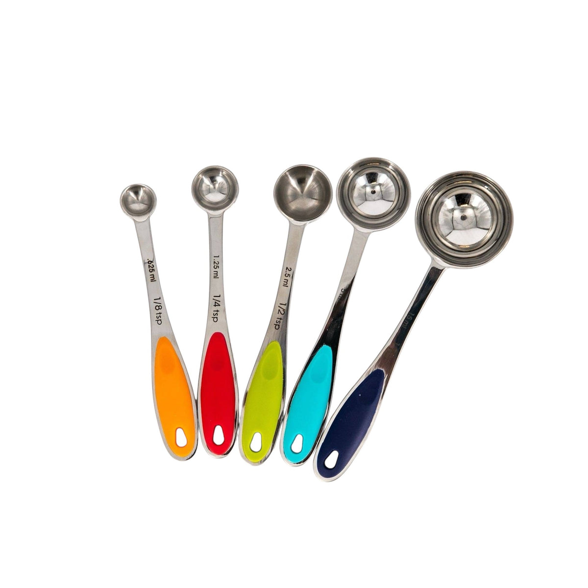 RSVP measuring spoons set, five nested spoons with colourful handles