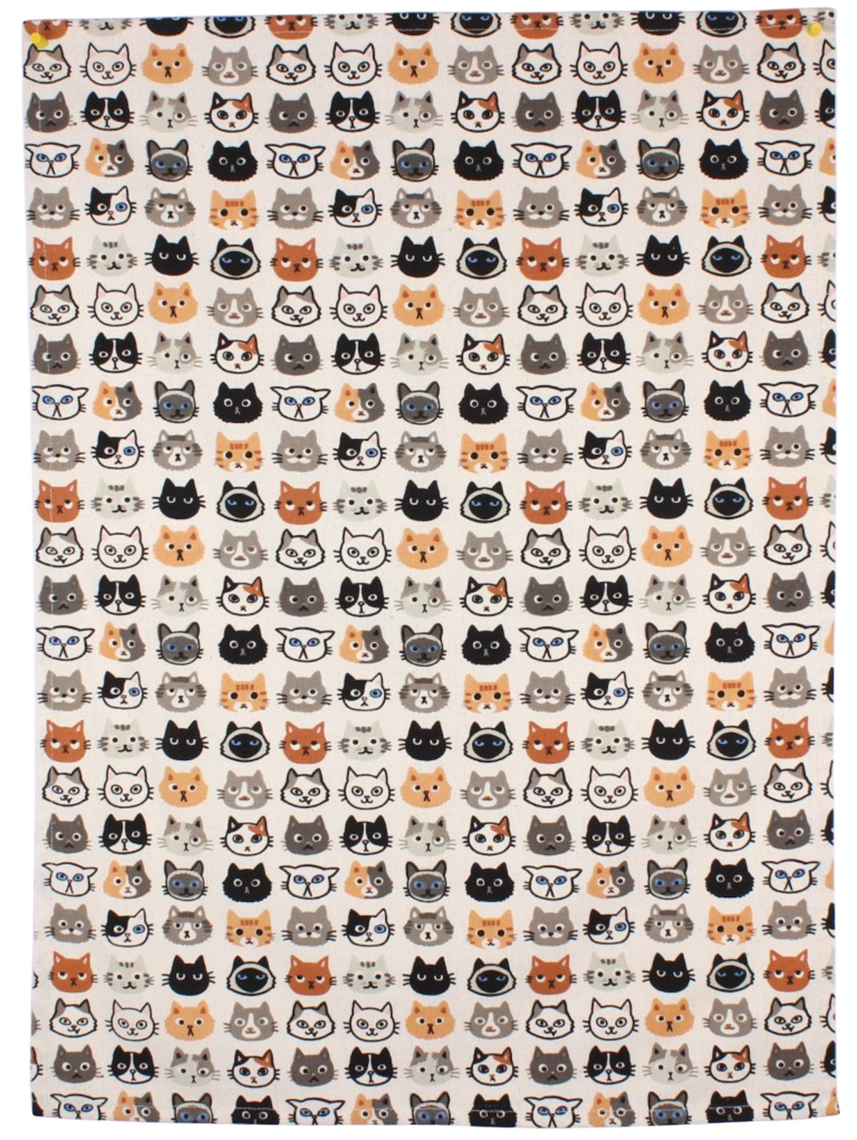 Hot House Cat Look printed tea towel with a pattern of cat faces on cream