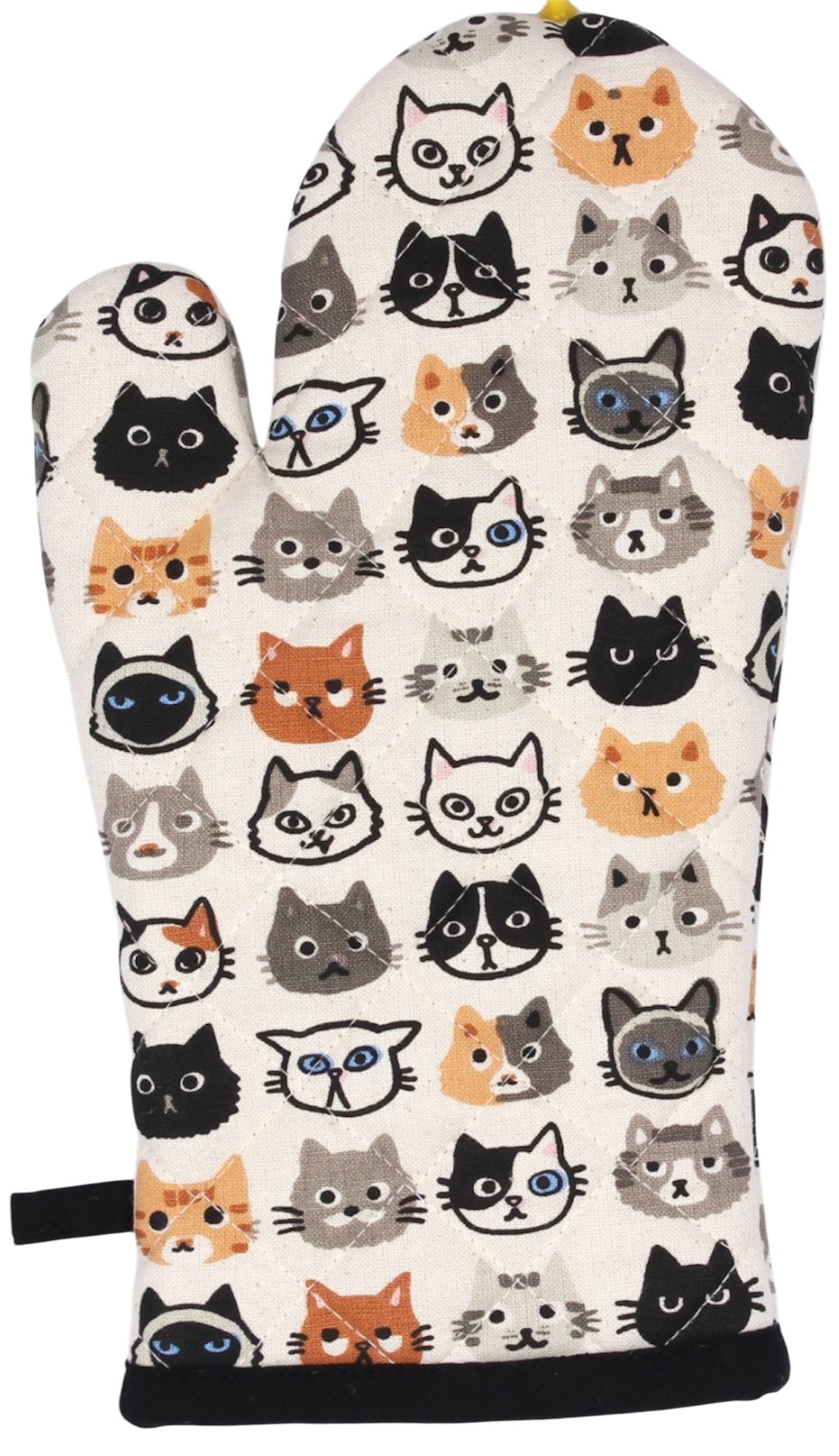 Hot House printed oven glove with a pattern of cat faces in black, orange and grey