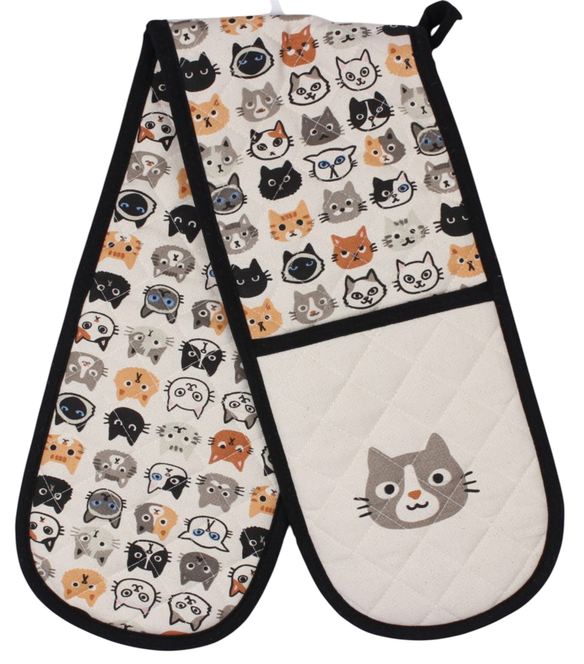 HotHouse Cat Look printed double oven mitt with a pattern of cat faces