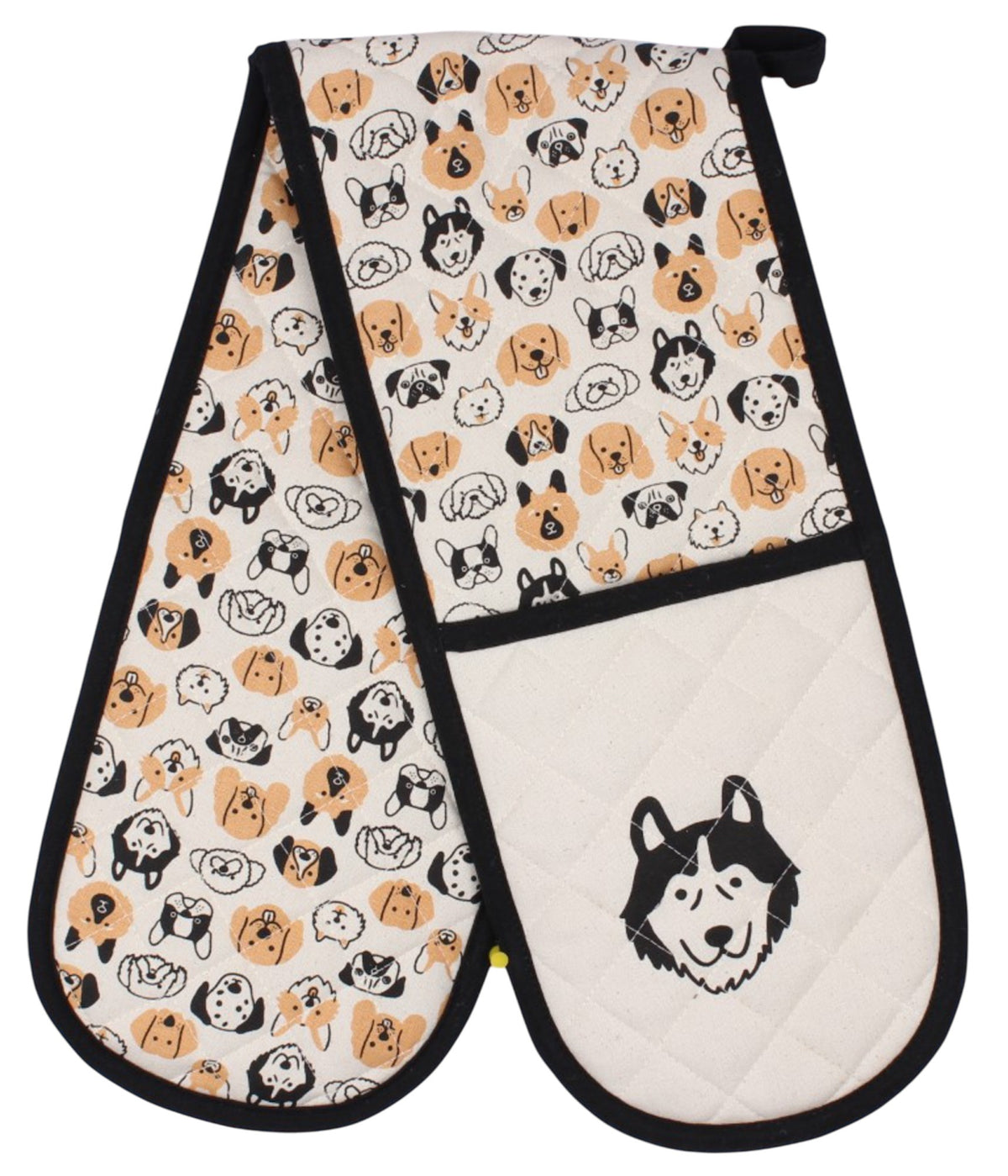Hot House printed double oven mitt with a pattern of dog faces in orange and black and a husky on the pocket