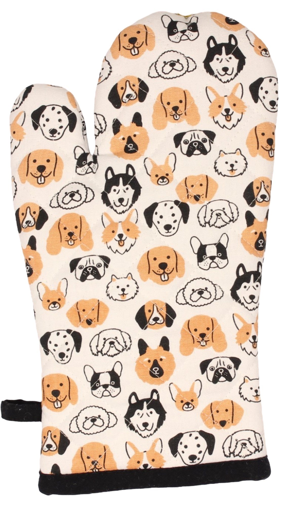 Hot House printed oven glove covered in a pattern of dog faces in orange, black and white
