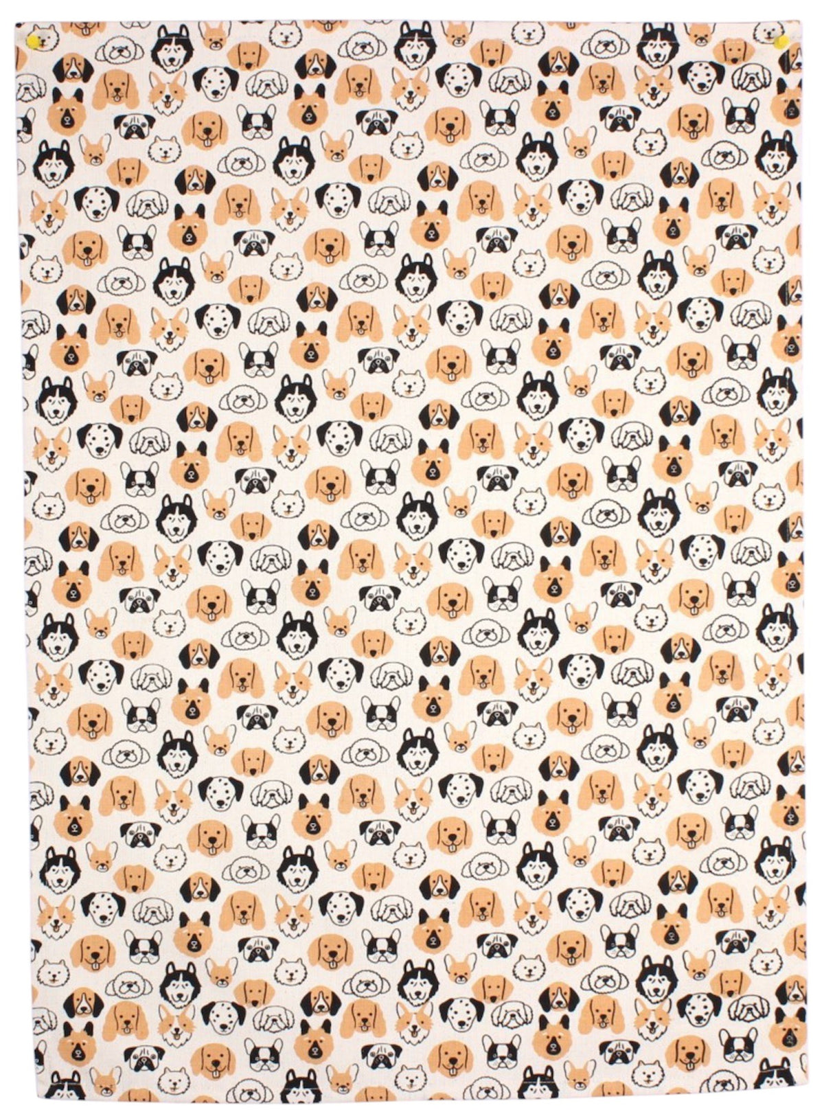 Hot House printed tea towel covered in a repeating pattern of cartoon dog faces in orange, black and white