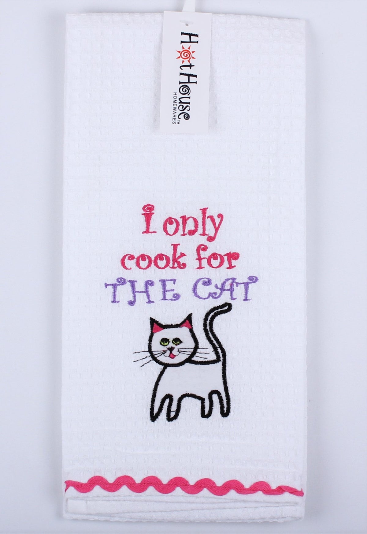 HotHouse waffle tea towel embroidered with a cat and the words I only cook for THE Cat