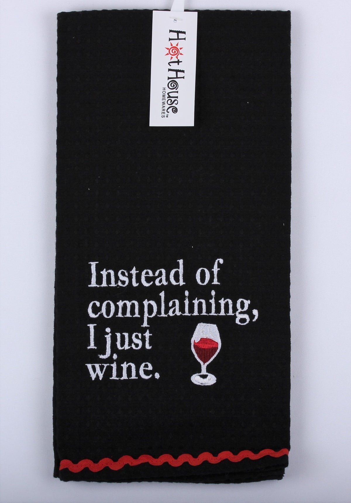 Hothouse waffle tea towel in black embroidered with Instead of complaining, I just wine and a wine glass