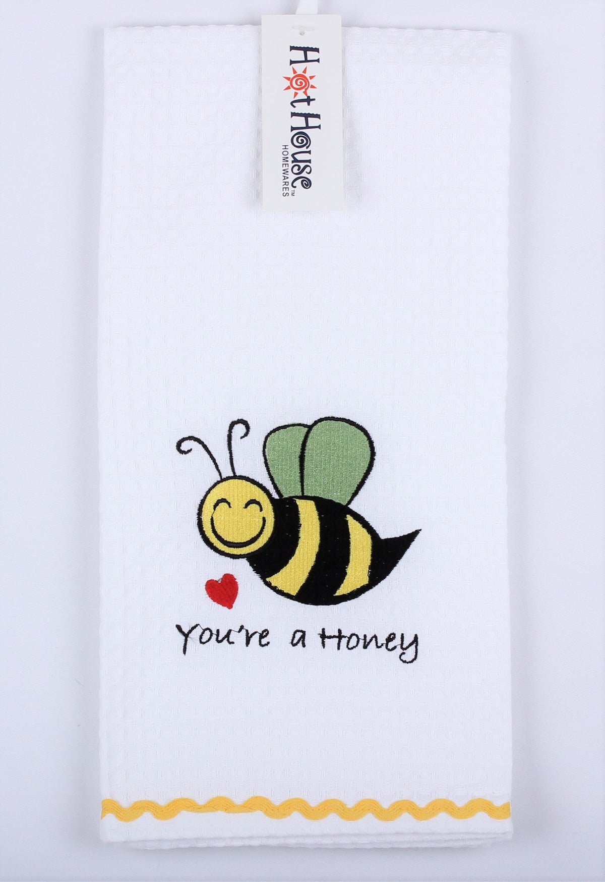 Hot House white waffle tea towel with an embroidered smiling bee and the words You're a Honey