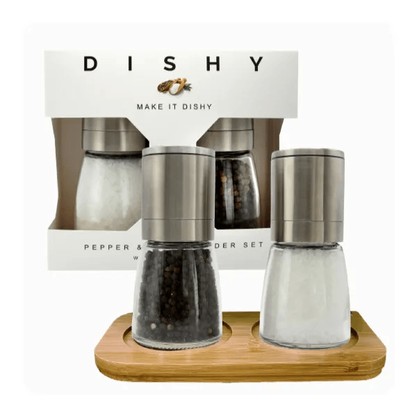 Dishy stainless steel salt and pepper grinder set with a bamboo tray, shown in front of its box