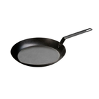 Lodge seasoned carbon steel pan in black with a long handle
