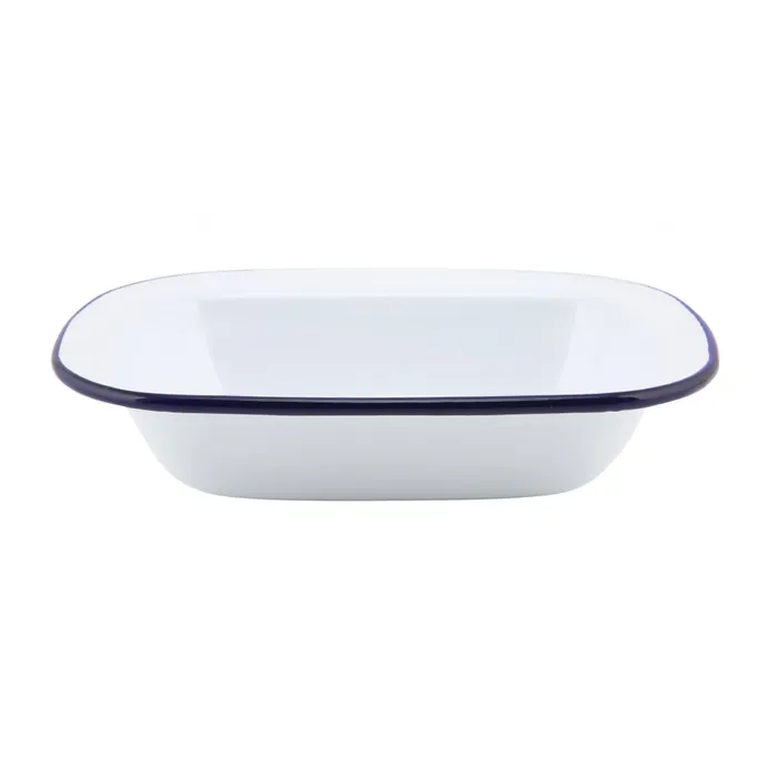 Falcon Enamelware pie dish in white with a navy rim