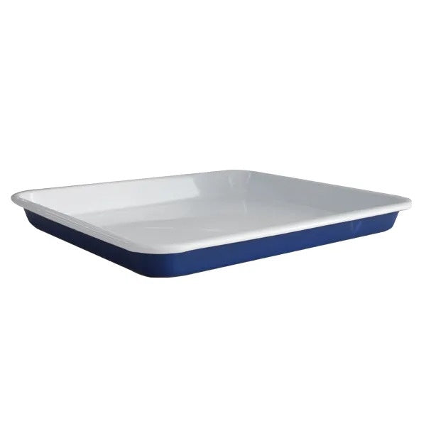 Dishy enamelware baking tray, 30cm, in Mineral blue with a white interior