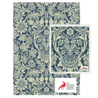 William Morris tea towel and dish cloth set in navy and cream, with the William Morris Society card