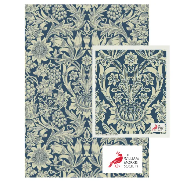 William Morris tea towel and dish cloth set in navy and cream, with the William Morris Society card