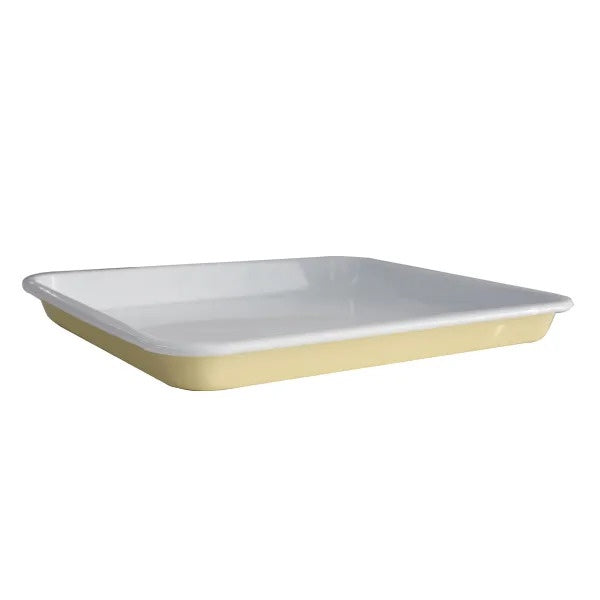 Dishy enamelware baking tray in butter yellow with a white interior