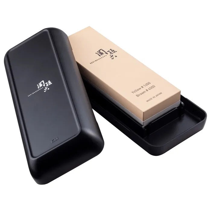 Seki Magoroku whetstone combo, 1000 and 4000 grit, shown with its black holder case