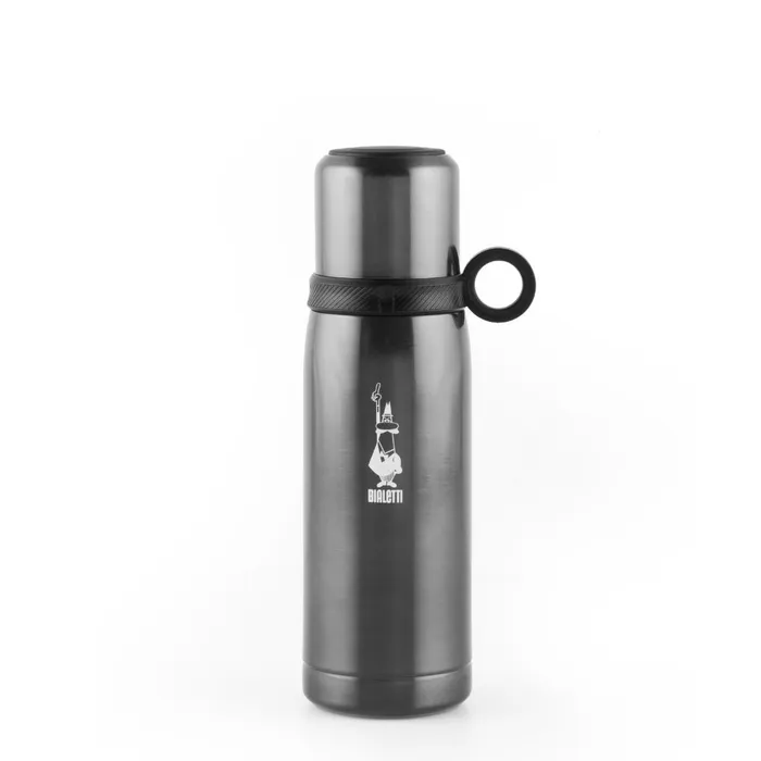 Bialetti 500ml thermos flask in grey with a black loop and a cup lid