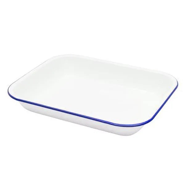 Falcon Enamelware roast pan in white with a navy blue rim