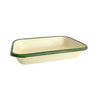 Dishy enamel rectangle baking dish in cream with a green rim