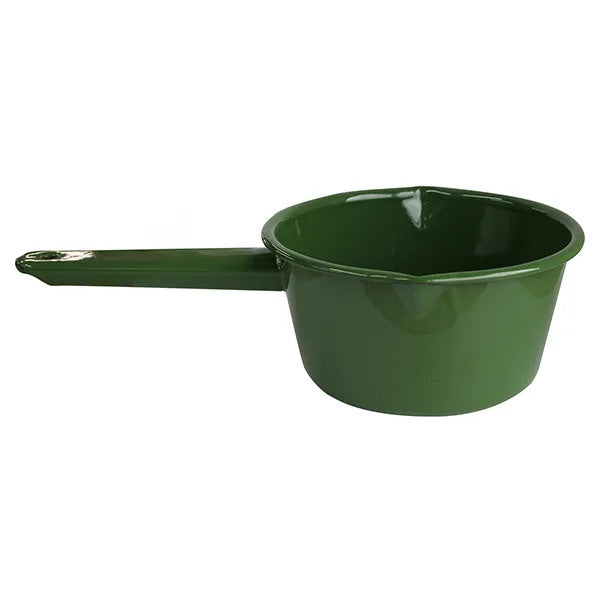Hunt & Gather 14cm milk pan in dark green enamel with a long handle
