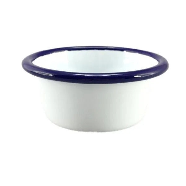 Falcon Enamelware mini dip plate in white with a navy blue rim
