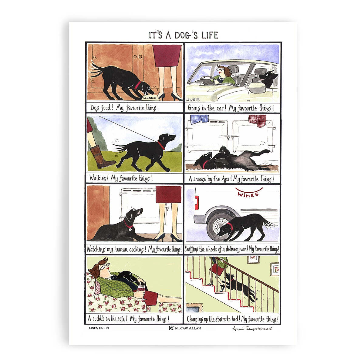 Samuel Lamont It's a Dog's Life tea towel with comic panels of a black labrador and its human