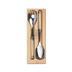 Andre Verdier Laguiole salad serving set, a spoon and fork with ivory handles in a wooden tray