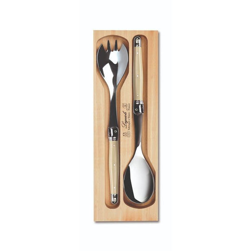 Andre Verdier Laguiole salad serving set, a spoon and fork with ivory handles in a wooden tray