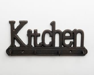 Cast iron Kitchen key hanger, a black wall hook rack with the word Kitchen in cutout letters
