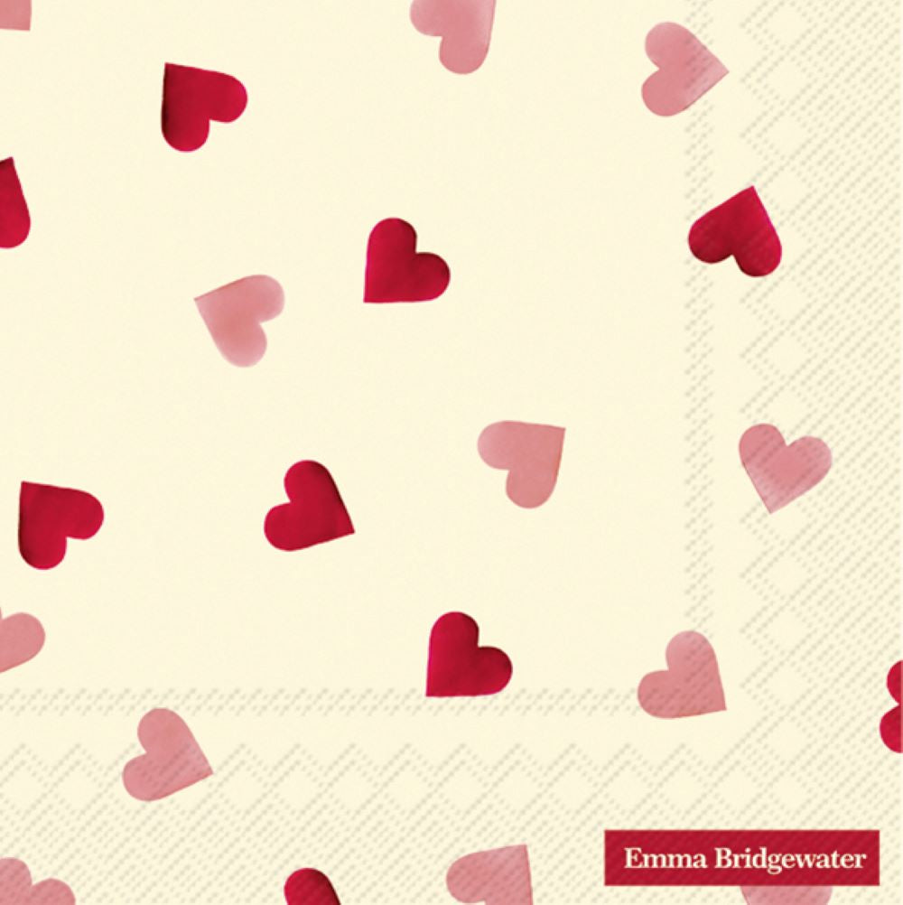 IHR Emma Bridgewater hearts napkin with red and pink hearts scattered on cream