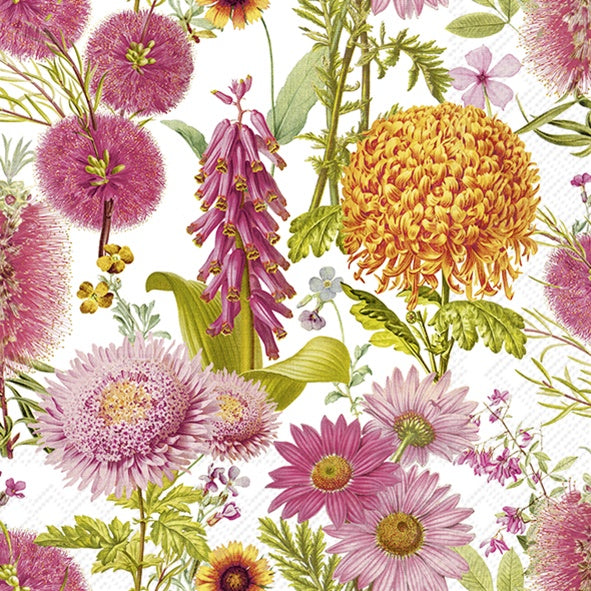 IHR luncheon napkin with a Maresa botanical print of pink and orange flowers