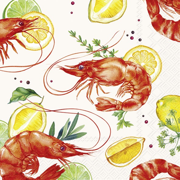 IHR luncheon napkin with a Delicious Shrimps print of red prawns, lemons and herbs on white