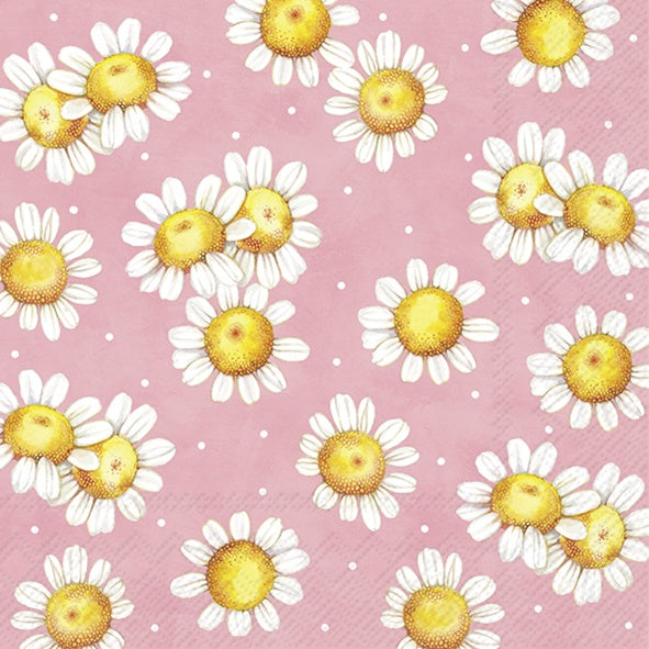 IHR luncheon napkin with white daisies on a pink background
