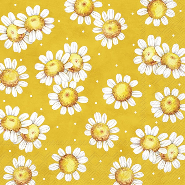 IHR Sunny Flowers Yellow luncheon napkin with an illustrated daisy pattern