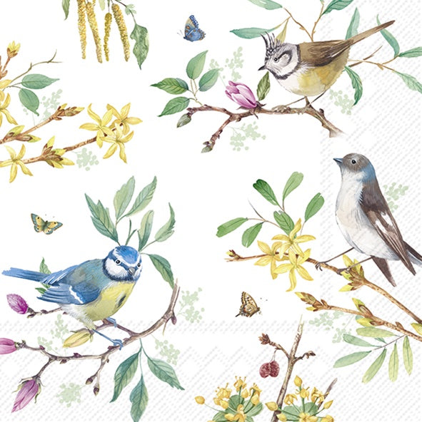 IHR luncheon napkin with a Spring Story print of songbirds on blossoming branches