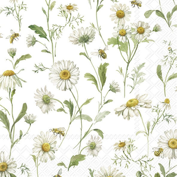 IHR Daisies luncheon napkin with an illustrated daisy and bee pattern
