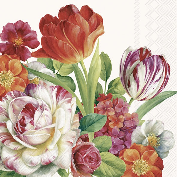 IHR luncheon napkin with a Blooming in Spring design of tulips, roses and peonies on cream