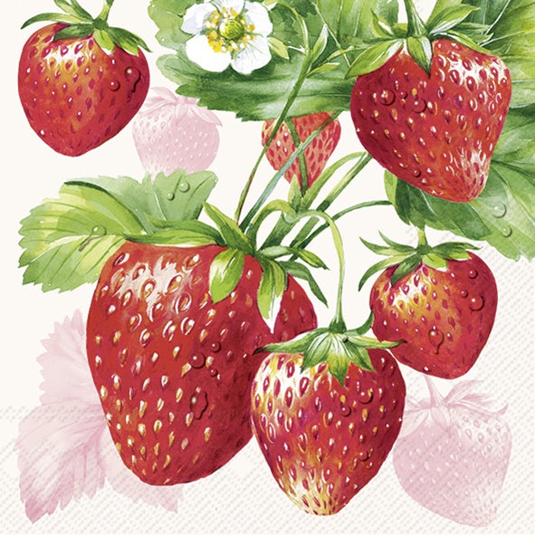 IHR luncheon napkin with an illustrated strawberry and blossom design