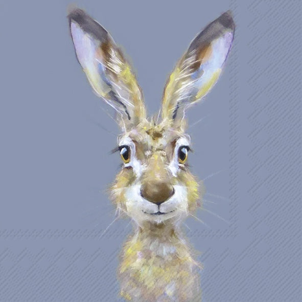 IHR luncheon napkin with a painted hare portrait on a blue-grey background