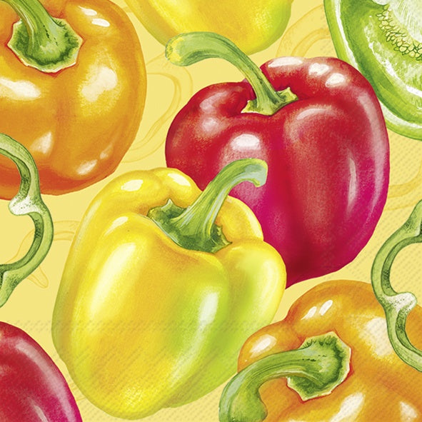 IHR luncheon napkin with a painted print of red, yellow and orange peppers
