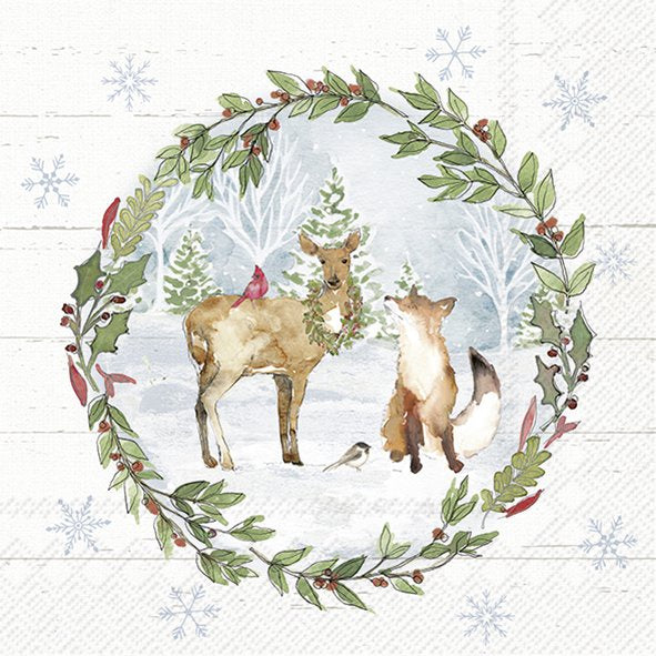 IHR Christmas luncheon napkin with a deer, fox and birds in a snowy wreath