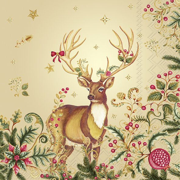 IHR Christmas luncheon napkin with a golden stag among holly, berries and stars on a cream background