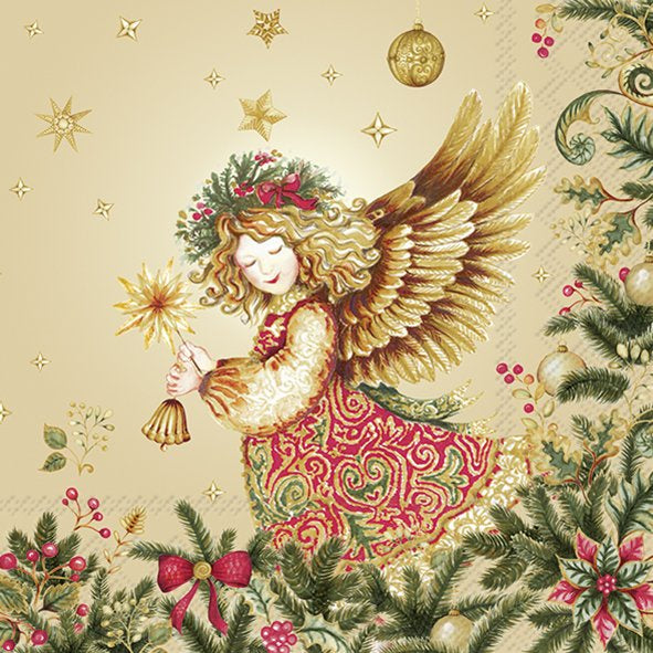 IHR Christmas luncheon napkin with an angel holding a star among fir branches and baubles on cream and gold