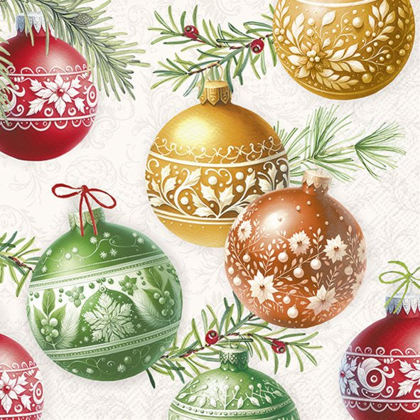 IHR Christmas cocktail napkin with red, gold and green baubles and pine sprigs