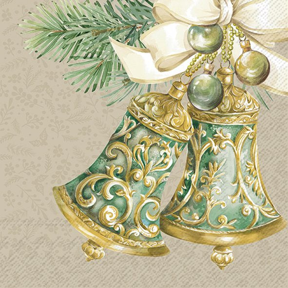 IHR Christmas luncheon napkin with two gold and green ornate bells tied with a ribbon