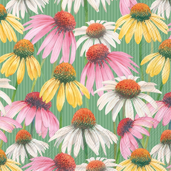IHR luncheon napkin with pink, white and yellow coneflowers on a green striped background