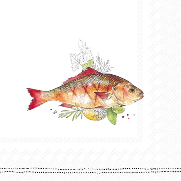 IHR luncheon napkin with a painted grilled fish and herbs