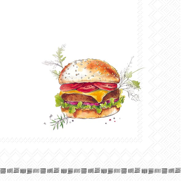 IHR luncheon napkin with a painted homemade burger with cheese and tomato