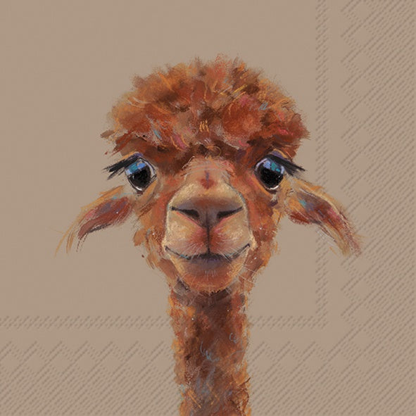 IHR luncheon napkin with a painted alpaca portrait on a taupe background