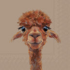 IHR luncheon napkin with a painted alpaca portrait on a taupe background