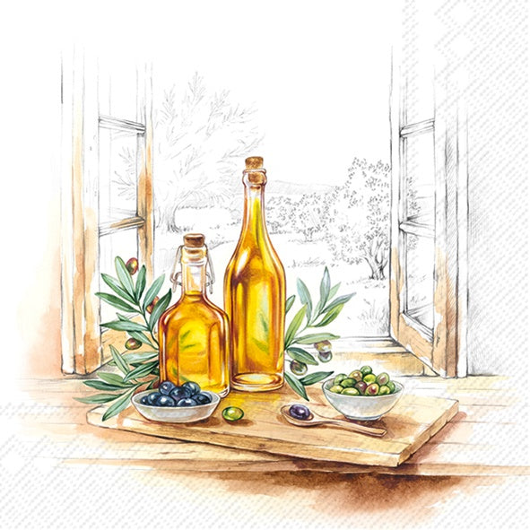 IHR Olive Oil luncheon napkin with a painted still life of oil bottles and olives