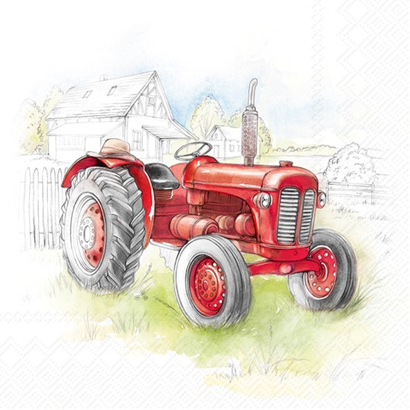 IHR luncheon napkin with an illustrated red tractor on a farm scene